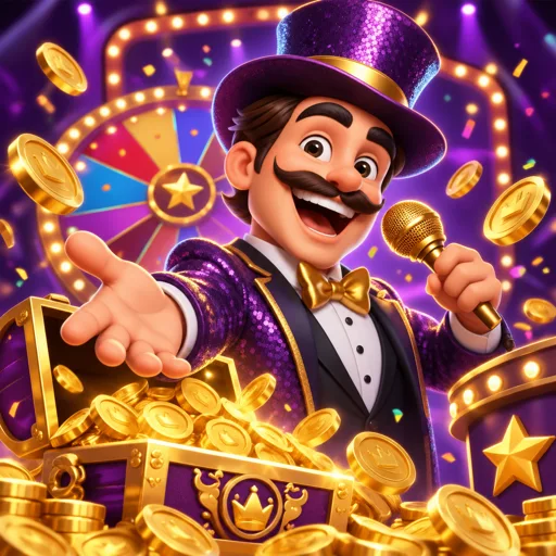 Card de game show ao vivo com apresentador e roda gigante